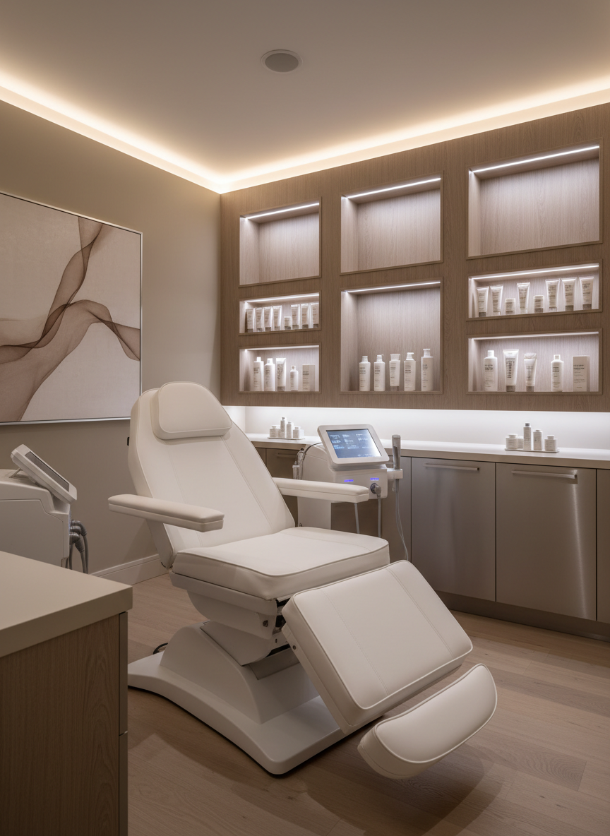 An elegant integrative treatment suite designed for advanced aesthetic and regenerative therapies, showing a high-tech reclining treatment chair in pristine white leather, surrounded by discrete, streamlined medical devices with touch-screen interfaces and soft blue indicator lights. Built-in wooden wall niches showcase neatly aligned skincare serums and medical-grade products in frosted glass bottles. Indirect LED lighting casts a gentle glow along the ceiling and under cabinetry, creating a tranquil, luxurious atmosphere. The color palette is muted taupe, ivory, and brushed steel. Photographic realism, shot from a slightly elevated corner angle, with precise sharpness throughout, conveying precision, cleanliness, and a sophisticated fusion of science and wellness.
