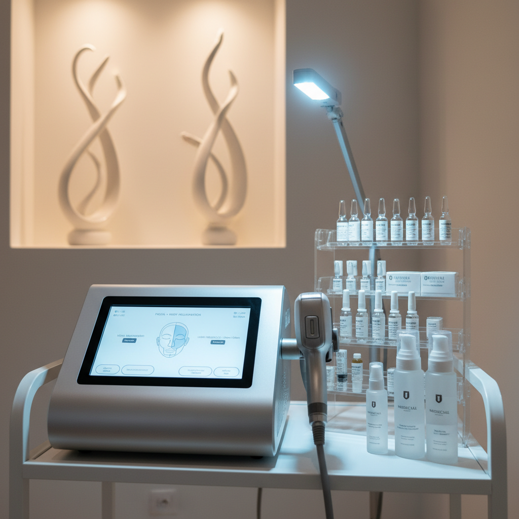 An advanced aesthetic medicine corner dedicated to facial and body rejuvenation, featuring a sleek laser device on a mobile cart with a minimalist touch screen displaying clean interface graphics. Nearby, a glass shelf holds orderly rows of sterile, white-labeled ampoules and syringes, alongside medical-grade skincare in airless pump bottles. The background includes a softly illuminated wall niche with sculptural, abstract decor, adding artistic sophistication. Cool, focused LED task lighting highlights the laser handpiece and metallic surfaces, while the rest of the room remains in a softer, warm glow. Photographic realism, shot close-up with shallow depth of field, emphasizing detail, precision, and a refined, high-tech aesthetic aligned with integrative, science-backed beauty.