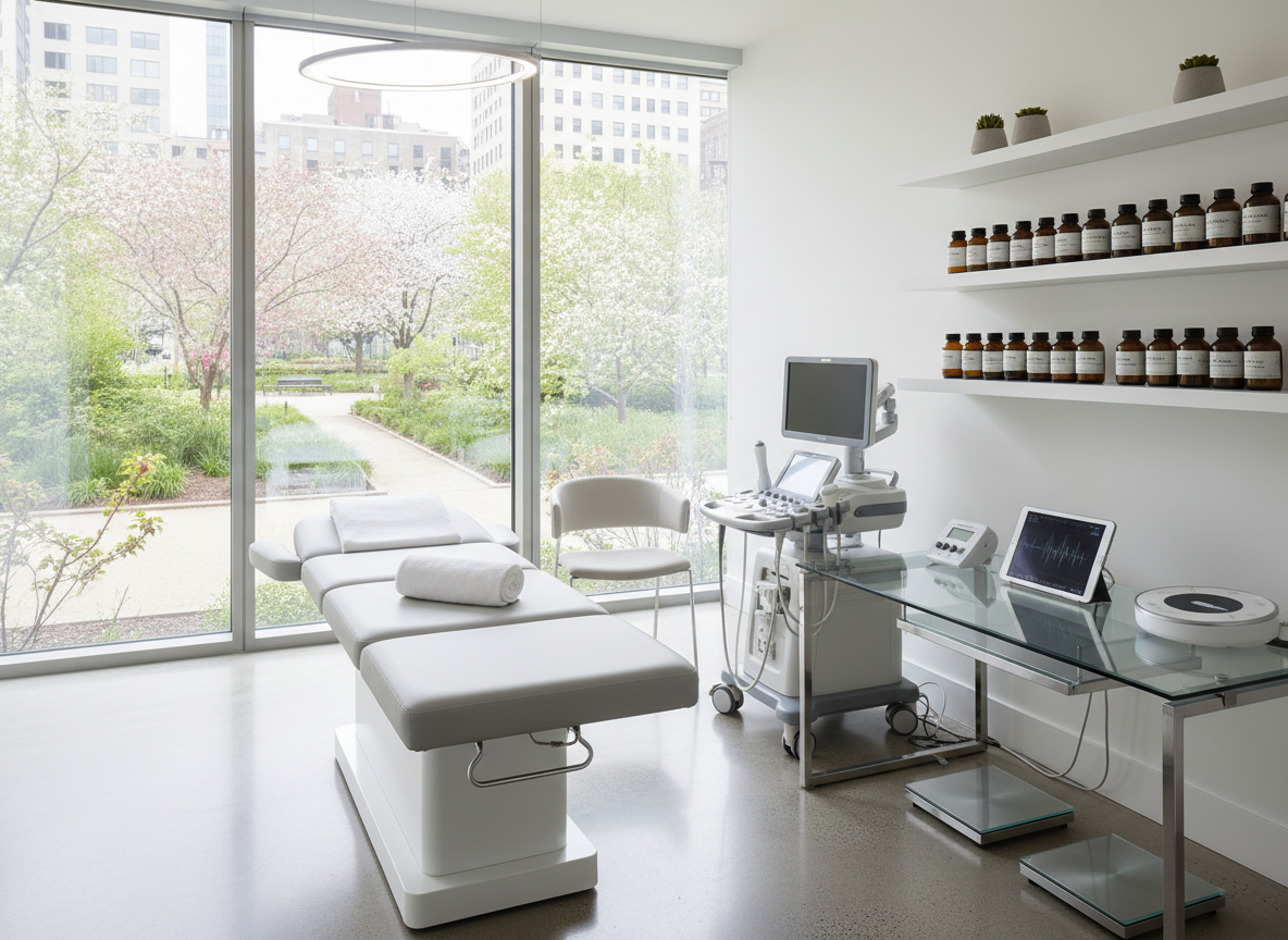 A meticulously organized integrative medicine consultation room without any people, featuring a sleek white examination table with soft gray upholstery, a glass-top desk displaying neatly arranged diagnostic devices, and minimalist shelves holding amber glass bottles of herbal extracts and supplements. The room is surrounded by floor-to-ceiling windows revealing a blurred, lush urban garden outside. Soft, diffused daylight fills the space, reflecting gently off brushed metal accents and polished concrete floors. Photographic realism with a calm, sophisticated mood, captured at eye level with a slightly wide angle, sharp focus in the foreground and a subtle bokeh background, emphasizing a serene, cutting-edge environment for holistic medical care.