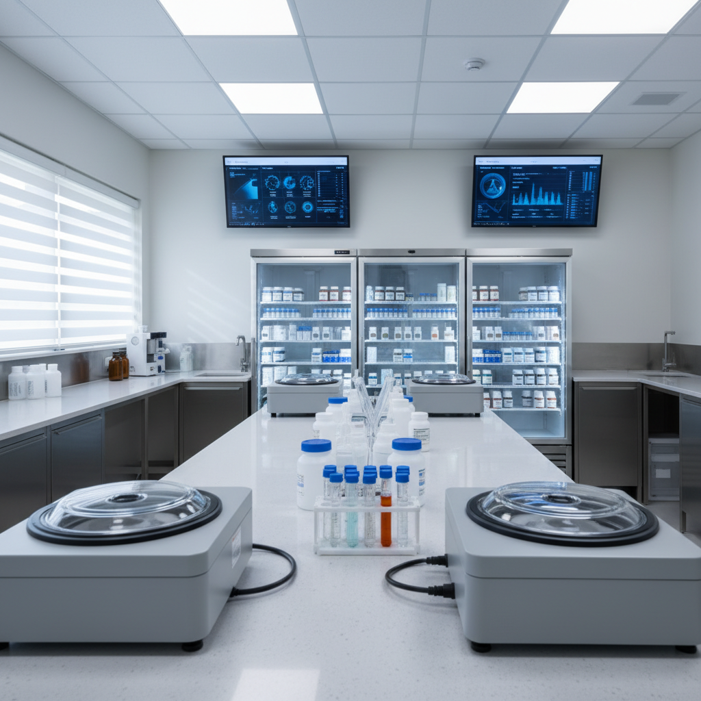 A serene diagnostic and wellness lab dedicated to precision integrative medicine, with a central island bench in white quartz holding neatly aligned test tubes, sleek centrifuges, and labeled sample containers. Transparent refrigerators in the background display organized shelves of biological samples and specialized nutraceuticals in uniform vials. Cool, even overhead lighting is softened by natural daylight entering through horizontal windows, creating subtle reflections on stainless steel surfaces. The scene is ultra-clean, with soft blue digital monitors showing biomarker graphs and genomic data. Photographic realism, captured from a low, slightly angled perspective, with sharp focus on the instruments and a gentle blur toward the back, evoking accuracy, calm, and advanced scientific care.