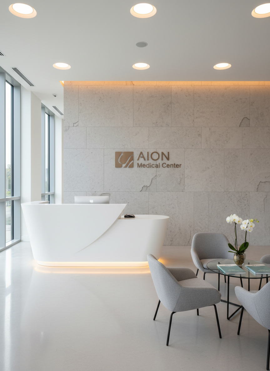 A polished reception area of a high-end integrative medical center without any people, featuring a sculptural white reception desk with smooth, flowing lines and a subtle backlit base. Behind it, a textured stone wall holds an understated metallic logo plaque reading “AION Medical Center.” To the side, minimalist seating with low-profile gray armchairs surrounds a glass coffee table topped with a single, carefully arranged orchid and medical journals. Natural daylight pours in from tall windows, complemented by warm recessed ceiling lights, creating layered, inviting illumination. Photographic realism, symmetrical composition at eye level, emphasizing clean lines, refined materials, and an atmosphere of trust, innovation, and holistic care.
