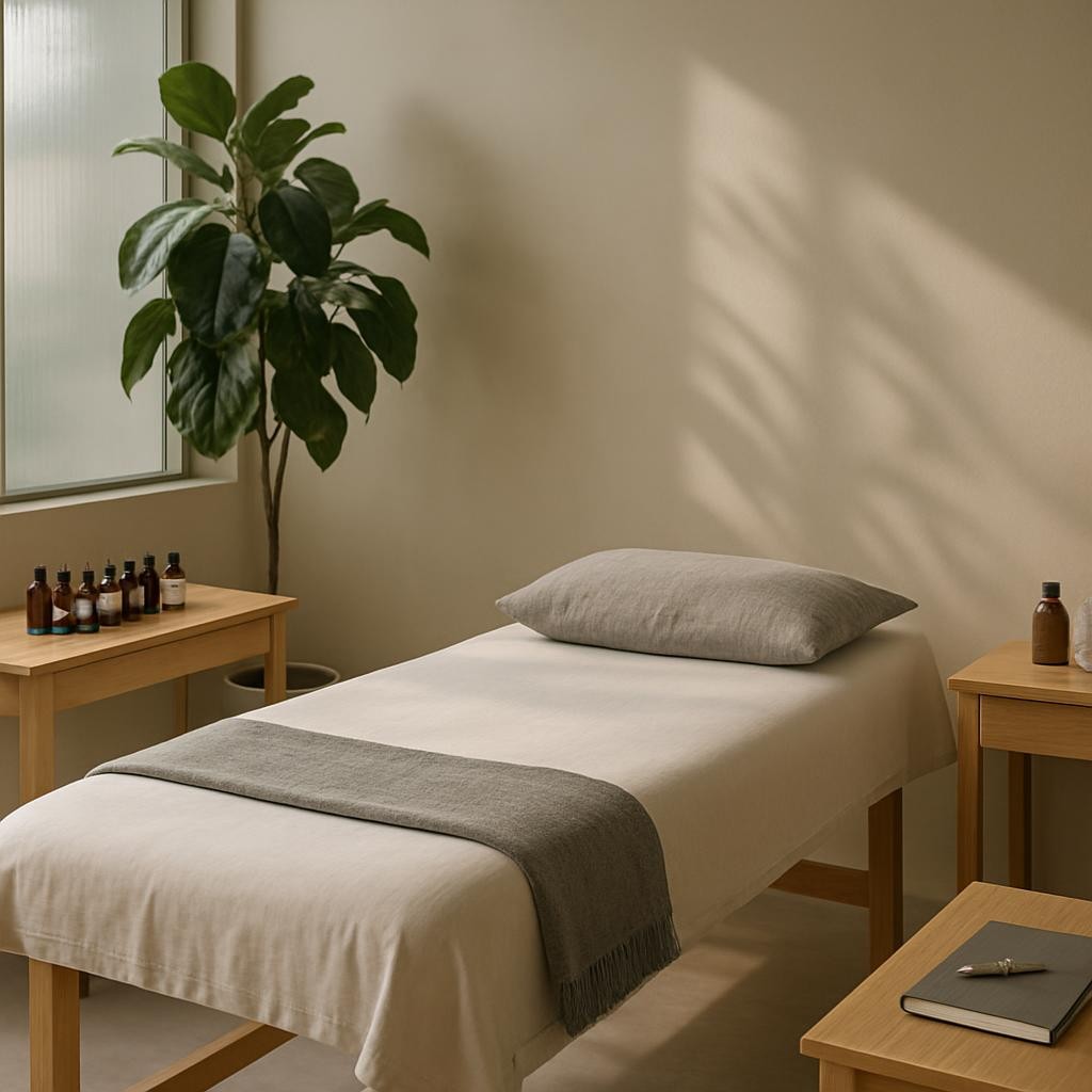 A tranquil holistic therapy room devoted to complementary integrative treatments, centered around a wide, cushioned treatment table with a soft linen cover and a neatly folded gray blanket. Surrounding the table are natural wood side consoles holding neatly labeled essential oil bottles, polished stones, and a closed medical notebook, blending clinical and natural elements. A large indoor plant with glossy leaves stands beside a frosted glass divider that lets in diffused daylight, creating soft, organic shadows on the matte walls. Photographic realism, captured from a three-quarter angle with a moderate depth of field, conveying a serene, spa-like yet unmistakably clinical environment that embodies the union of evidence-based medicine and gentle complementary therapies.